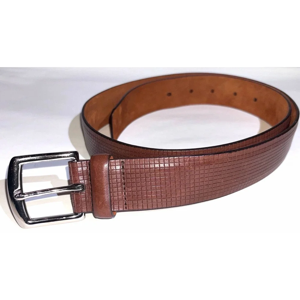 Cole Haan A34759 Grid Textured Brown Leather Silver Buckle Belt Size 34 85